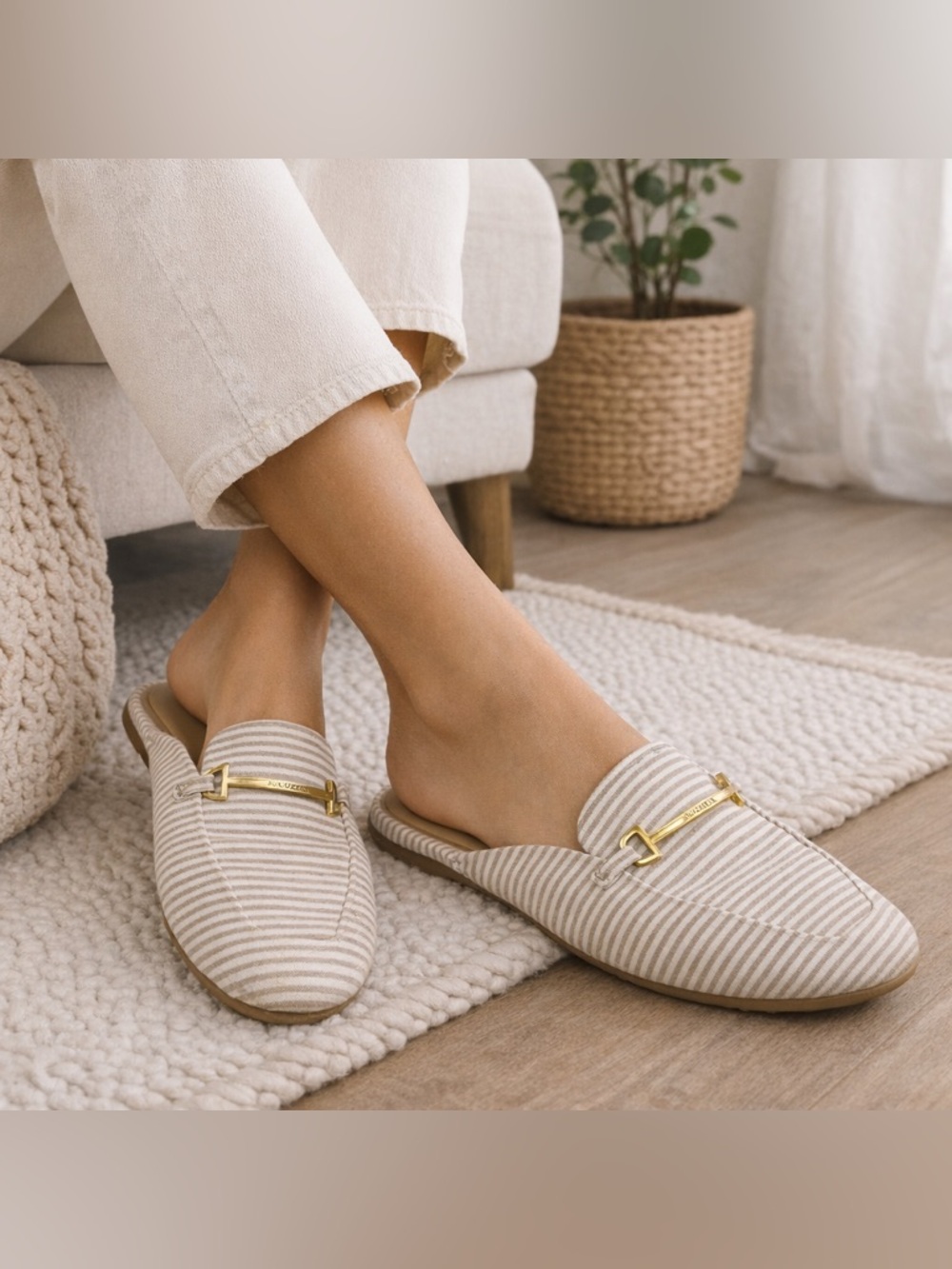 Nautica Striped Mule Loafers Gold Hardware Slip On Size 10